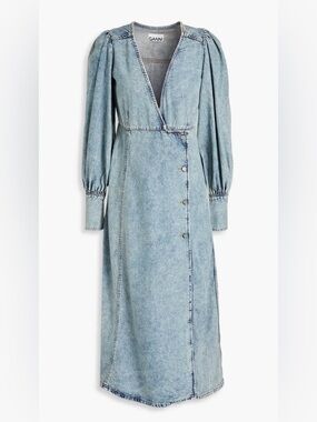 GANNI 
Faded Denim Midi Wrap Dress Blue